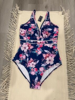 Navy Floral Girls' One-Piece Swimsuit with Pink Blooms